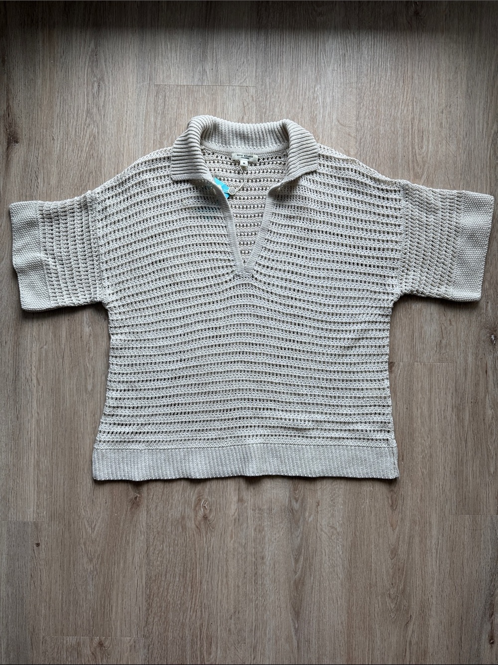 Max Studio Open-Knit Cream V-Neck Polo Sweater